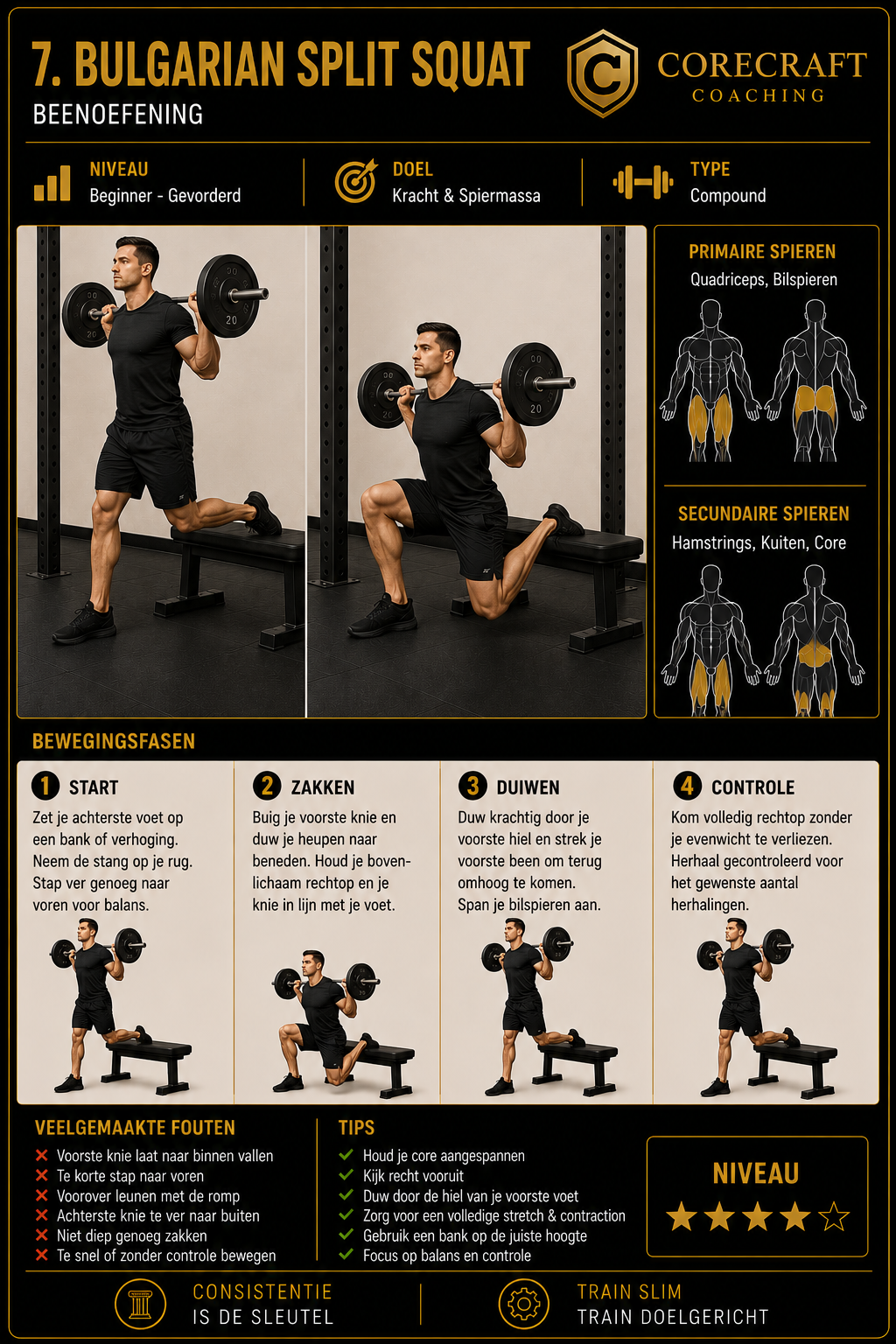 Geïllustreerde techniekgids voor Bulgarian split squat