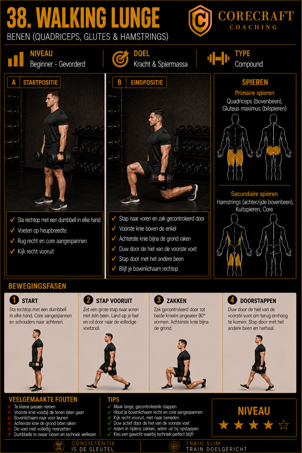 Geïllustreerde techniekgids voor Walking lunge
